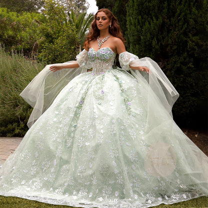 Quinceañera | Sage Multi-Color 3D Floral Ball Gown with Drape Wings Sleeves and Sweep Train | Arely dress