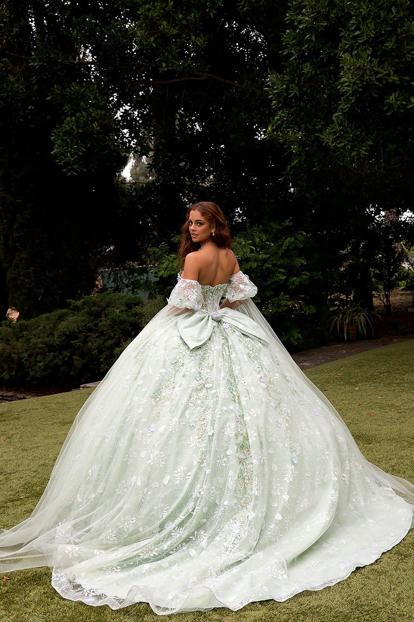 Quinceañera | Sage Multi-Color 3D Floral Ball Gown with Drape Wings Sleeves and Sweep Train | Arely dress back