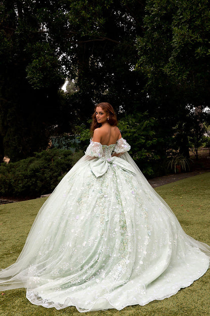 Quinceañera | Sage Multi-Color 3D Floral Ball Gown with Drape Wings Sleeves and Sweep Train | Arely dress back