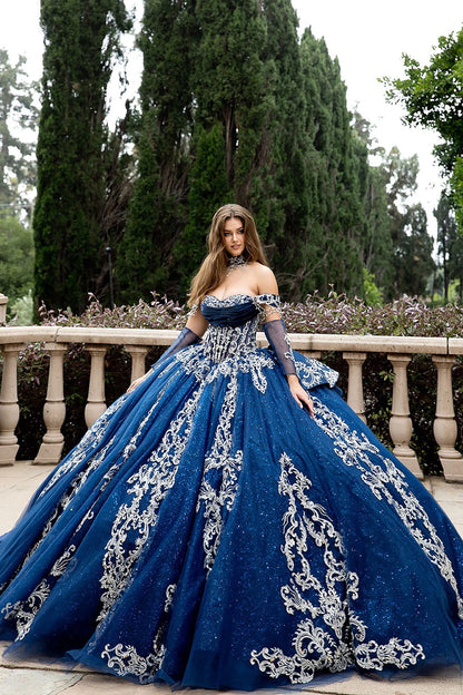 Woman in a navy quinceanera dress with silver embroidery and sleeves