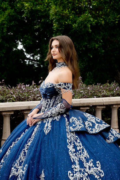 navy and silver quinceanera ball gown with rhinestones and sequin embroidery