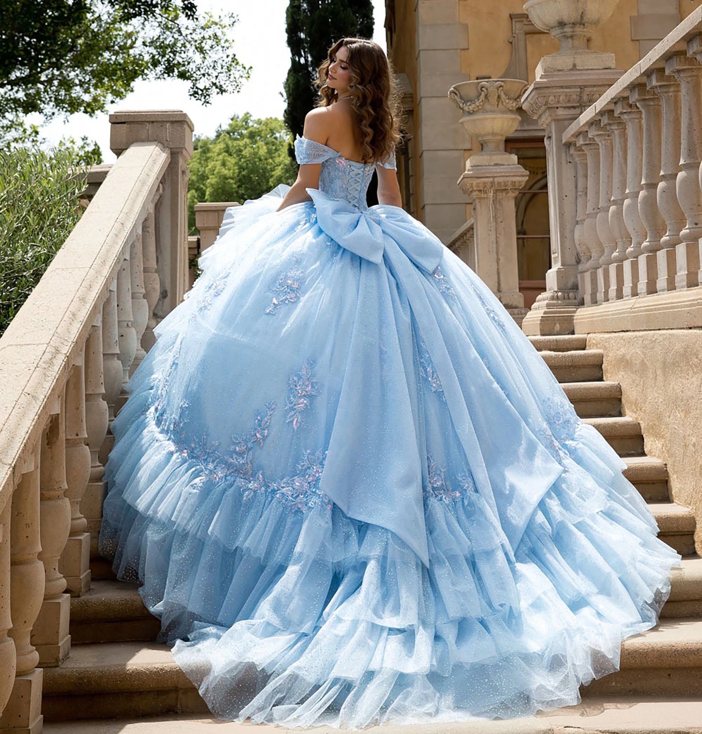 Back view of a woman wearing a light blue quinceañera dress with floral details and corset bodice