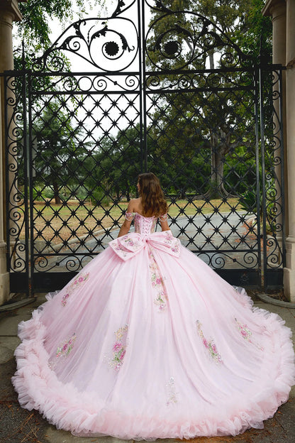 Pink floral gown in front of an ornate black gate