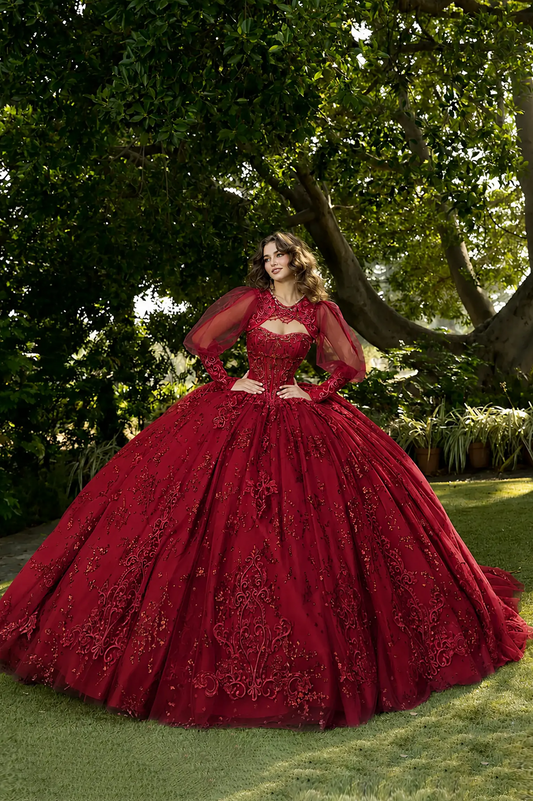 Red quinceañera ball gown with lace-up corset, embroidered see-through bodice and glitter tulle skirt. 
