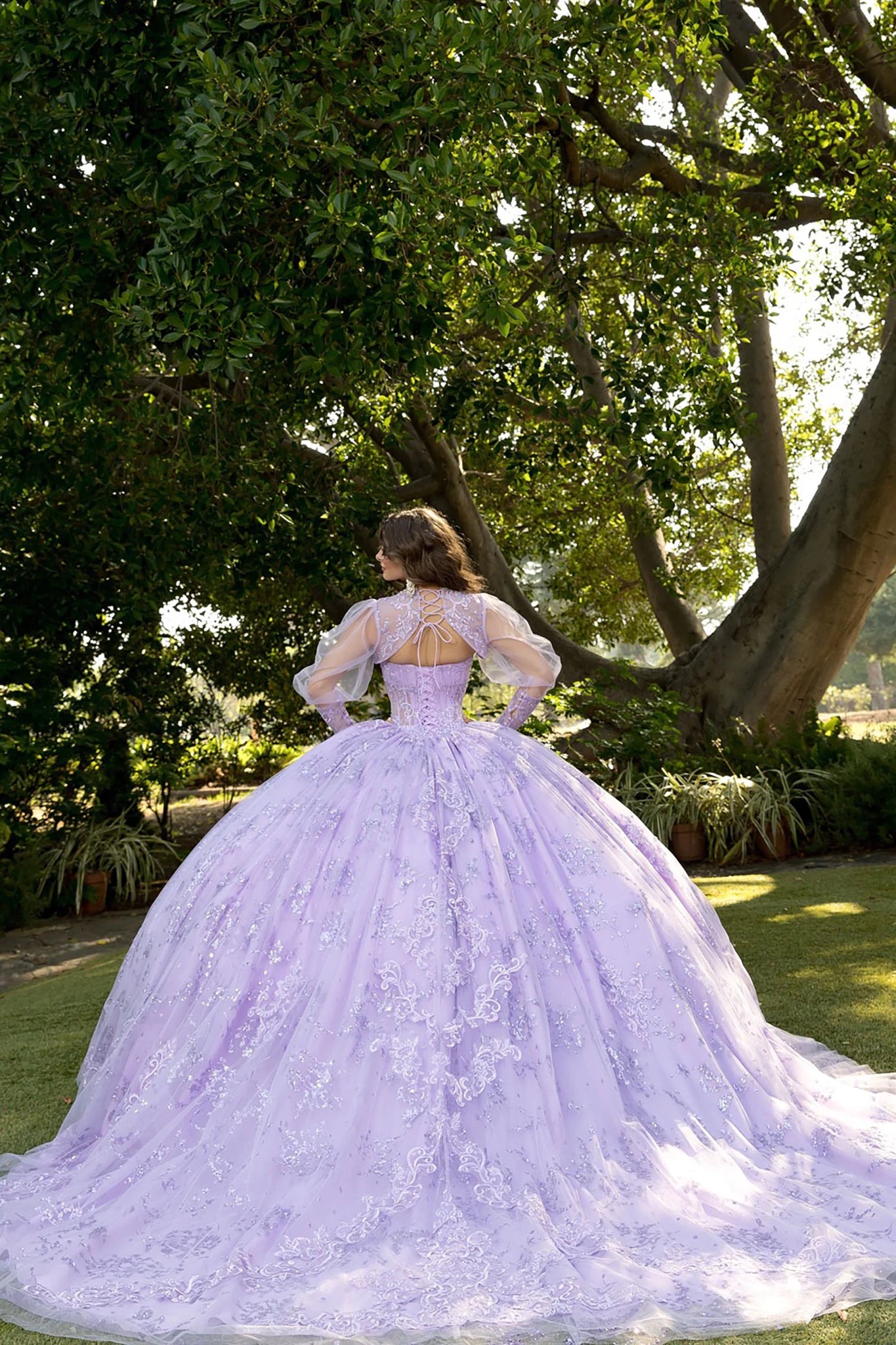 Back view of a woman wearing a lavender quinceañera dress with corset bodice and embroidered details