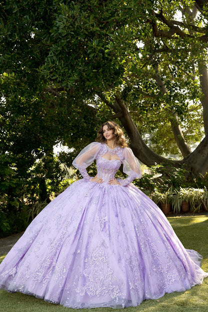 Front view of a woman wearing a lavender quinceañera dress with corset bodice and layered skirt