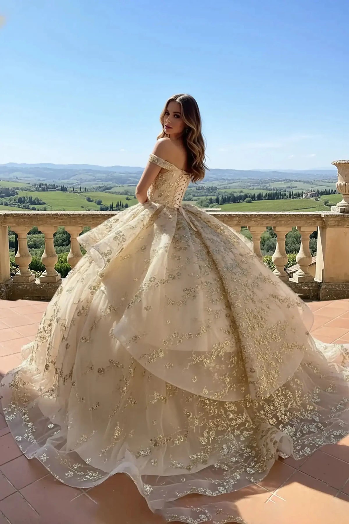 Champagne Quinceañera Dress 2-in-1 with Floral and Beads Embroidery with Detachable Skirt