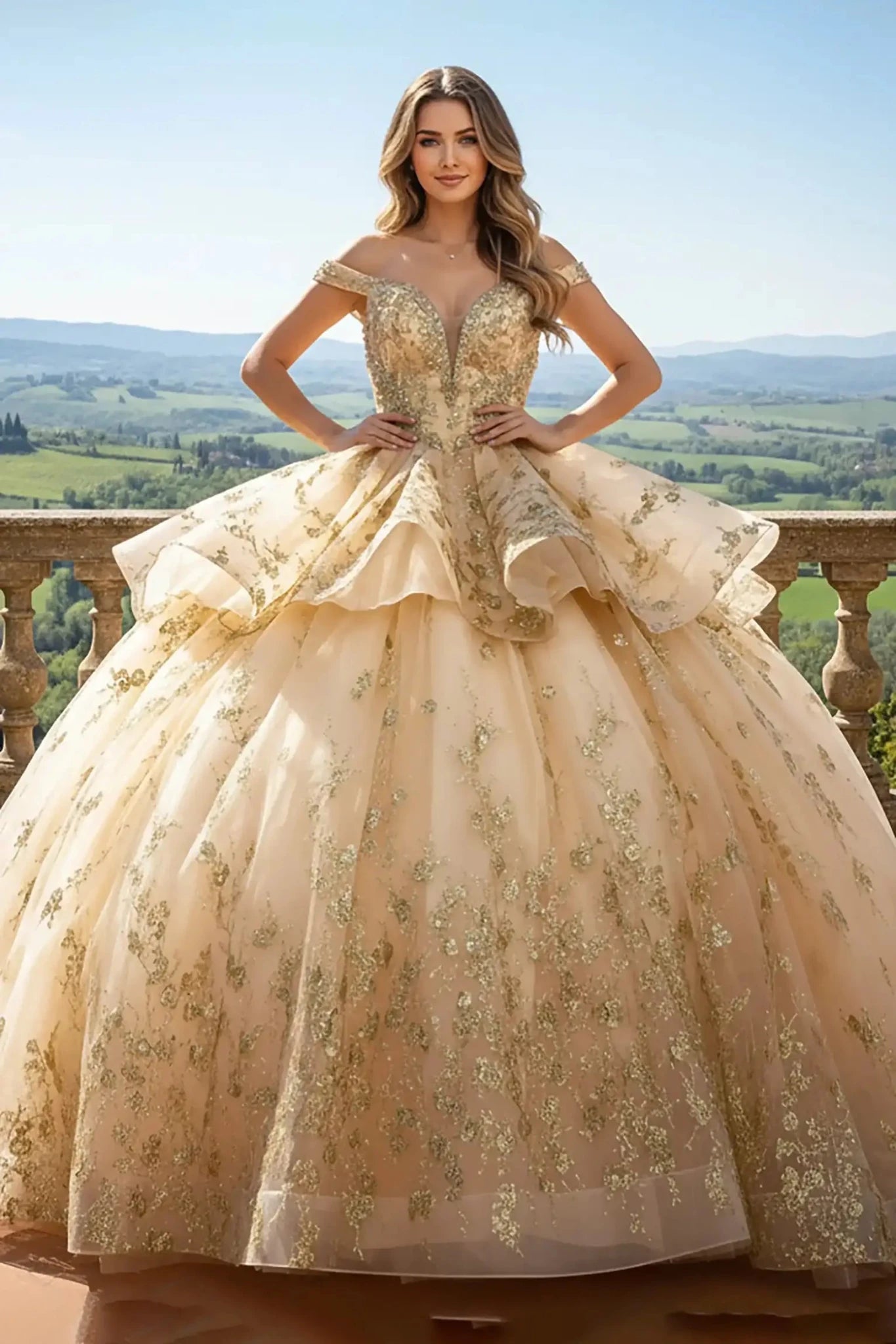 Front view full-length golden champagne ballgown with an off-the-shoulder neckline and a ruffled peplum waist, featuring intricate gold floral lace embroidery posing on a vineyard balcony.