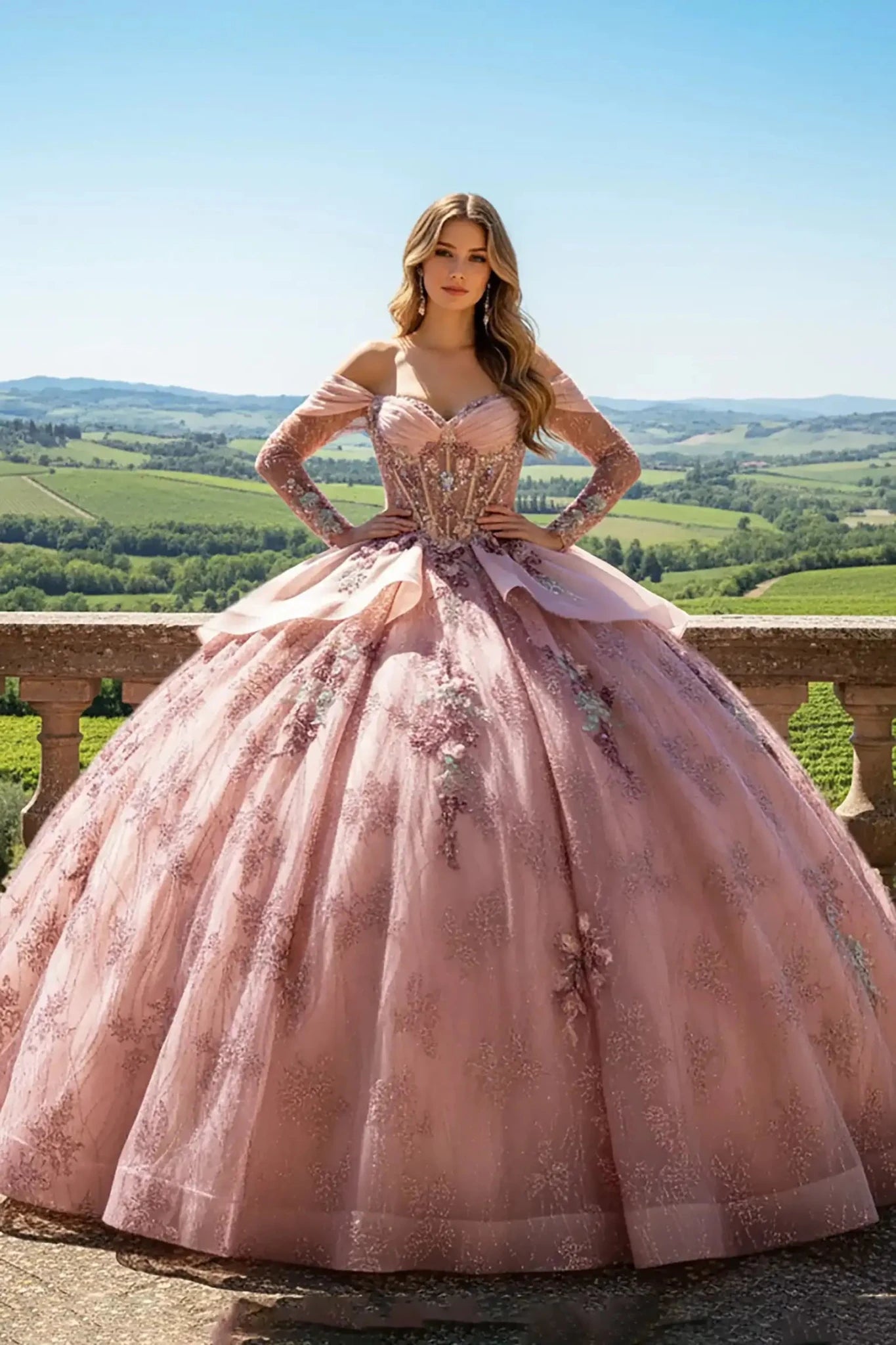 woman with long blonde hair wearing a blush pink off-the-shoulder ball gown with intricate floral embroidery, standing on a stone balcony overlooking a lush green vineyard under a clear blue sky.