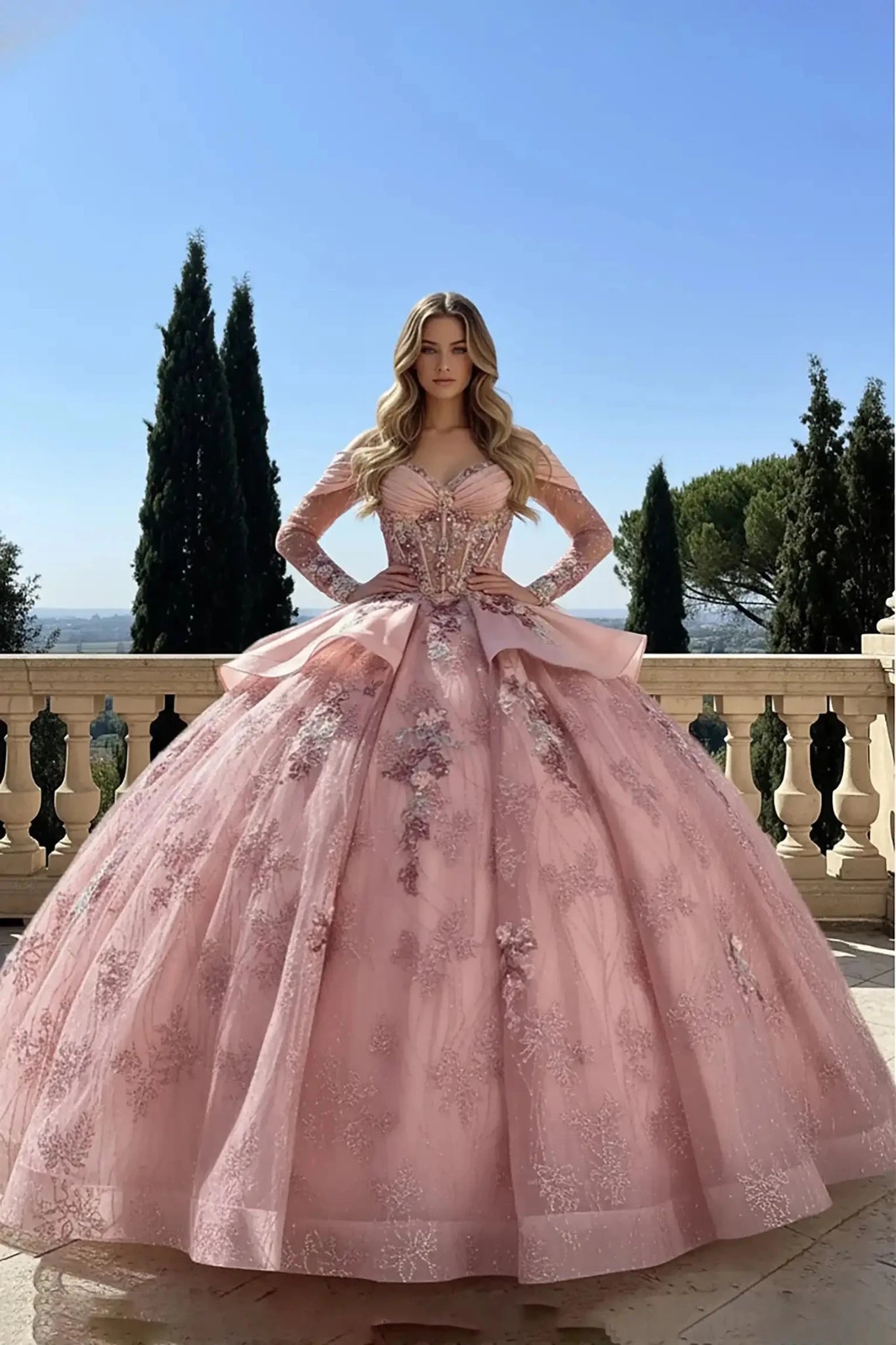 pink off-the-shoulder ball gown with intricate floral embroidery, standing on a stone balcony overlooking a lush green vineyard under a clear blue sky.
