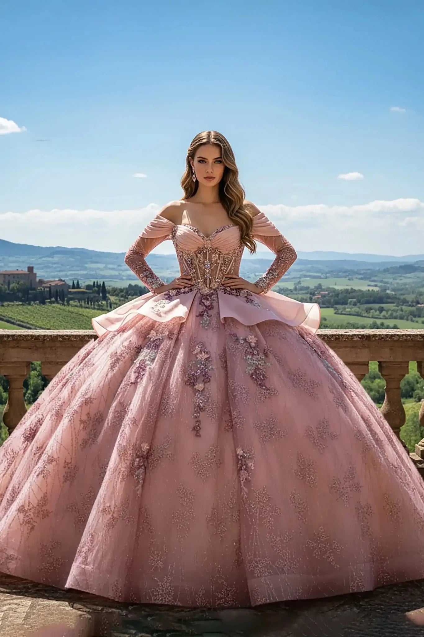 woman with long blonde hair wearing a blush pink off-the-shoulder ball gown with intricate floral embroidery, standing on a stone balcony overlooking a lush green vineyard under a clear blue sky.