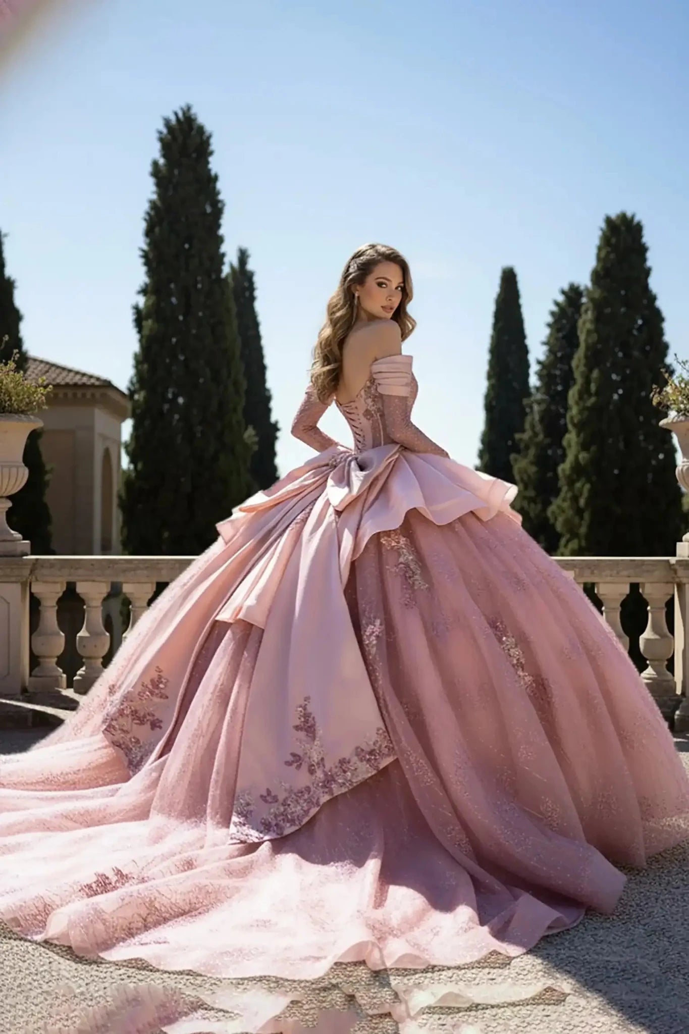Rear view of a blush pink off-the-shoulder ball gown featuring a corset-style back, a large decorative bow, and an expansive floral embroidered train, set on a stone terrace with tall cypress trees in the background.