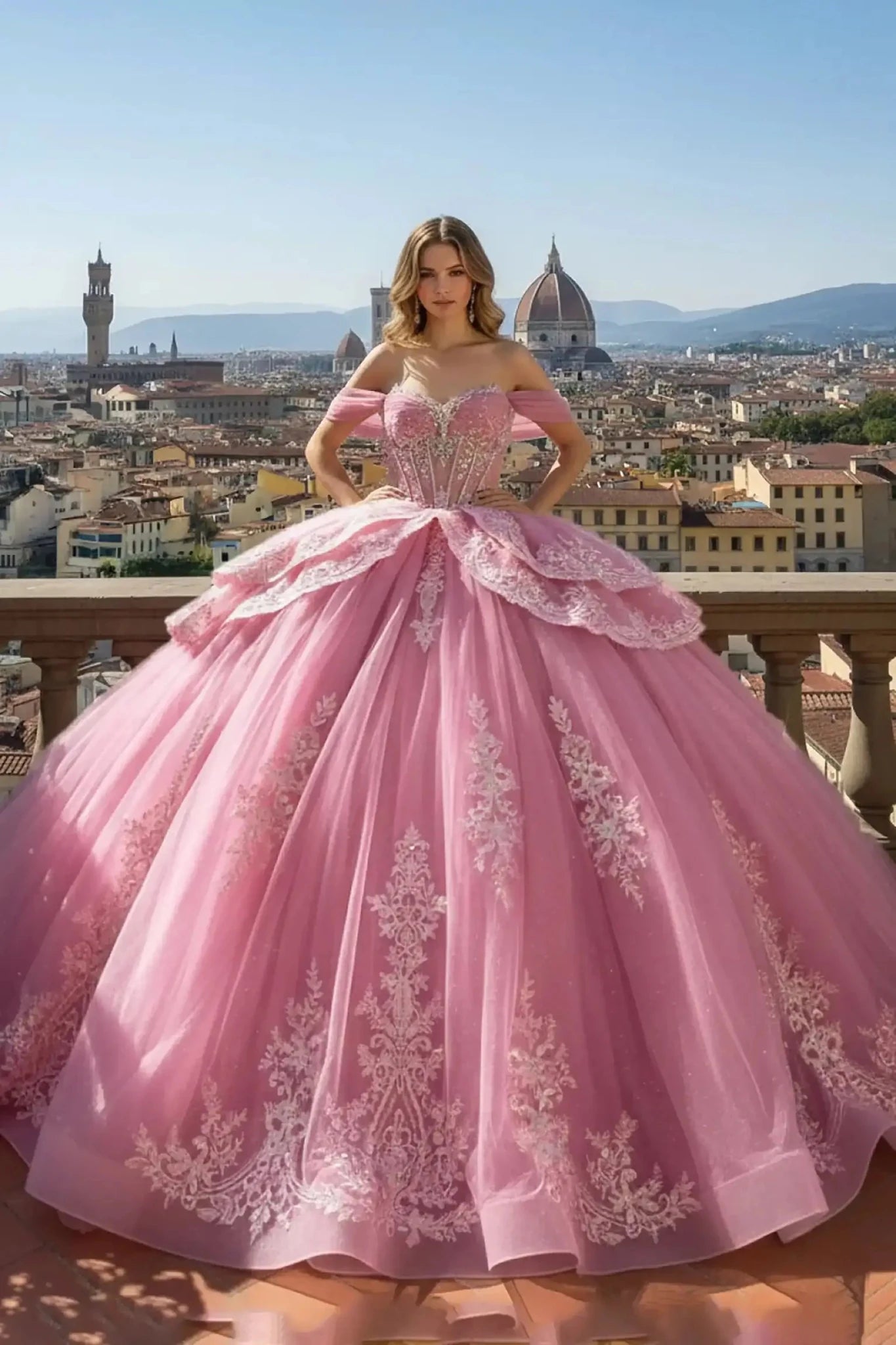 Front view of a rose pink ballgown featuring a lace-up back, large bow, and tiered lace-trimmed bustle, shown against a panoramic European city view with historical cathedrals.