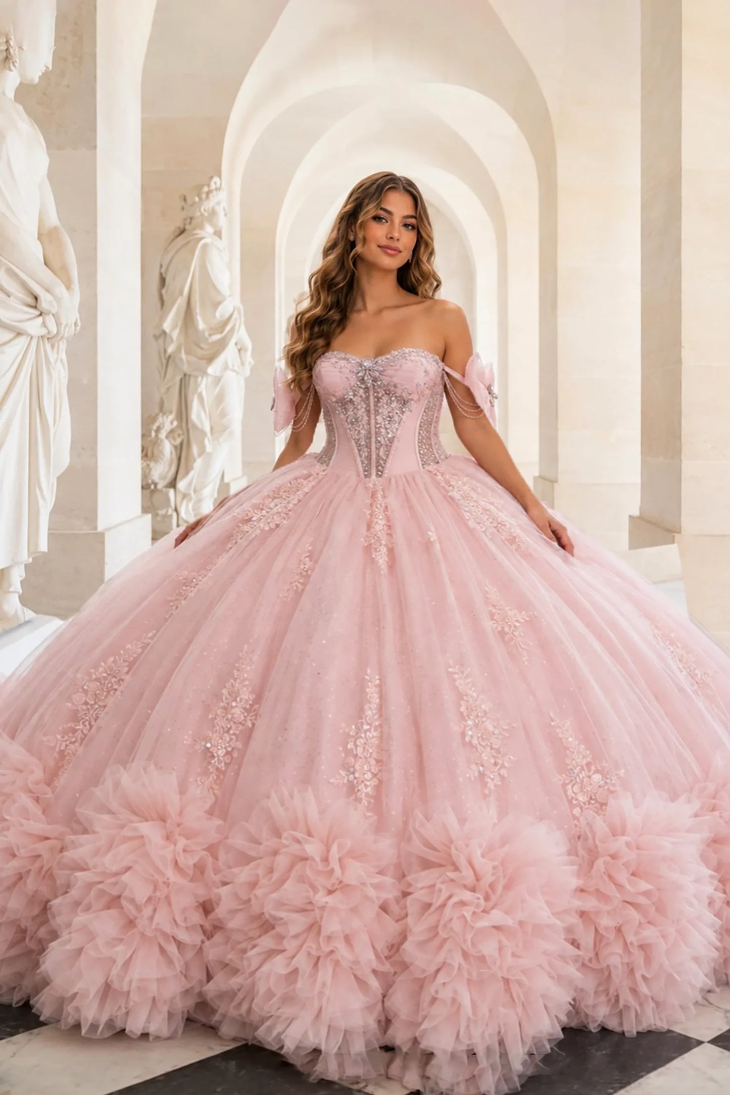 Pink quinceañera ball gown with embellished sweetheart strapless corset, floral appliqués, pearls, sequins and ruffled hem 