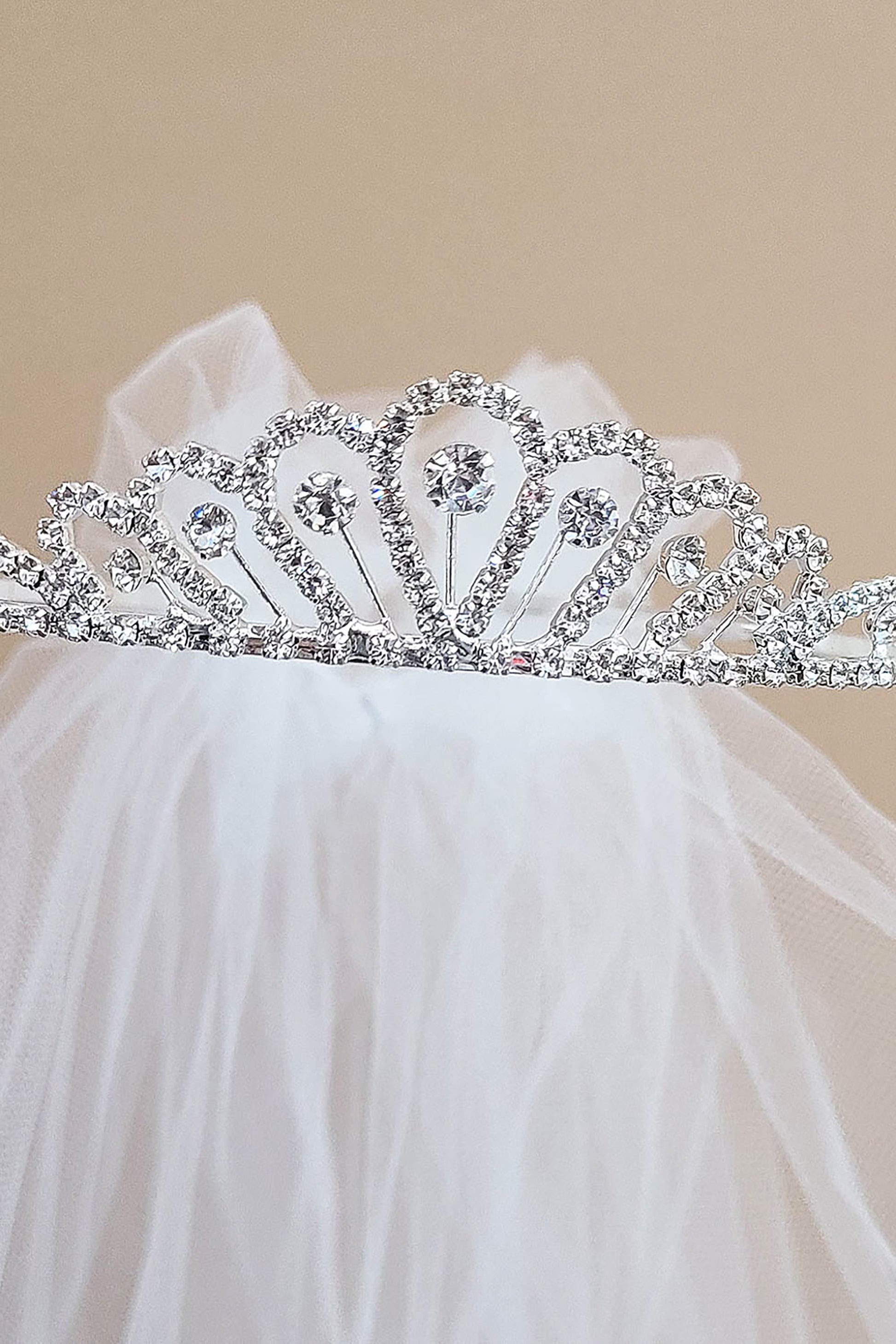 USA Made | Handmade First Communion Rhinestone Tiara with 2 Tiered Veil  tiara view