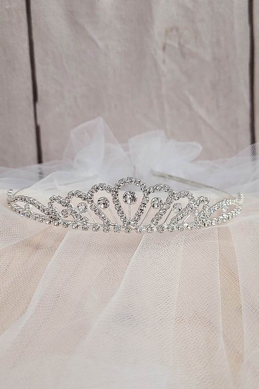 USA Made | Handmade First Communion Rhinestone Tiara with 2 Tiered Veil  whole view