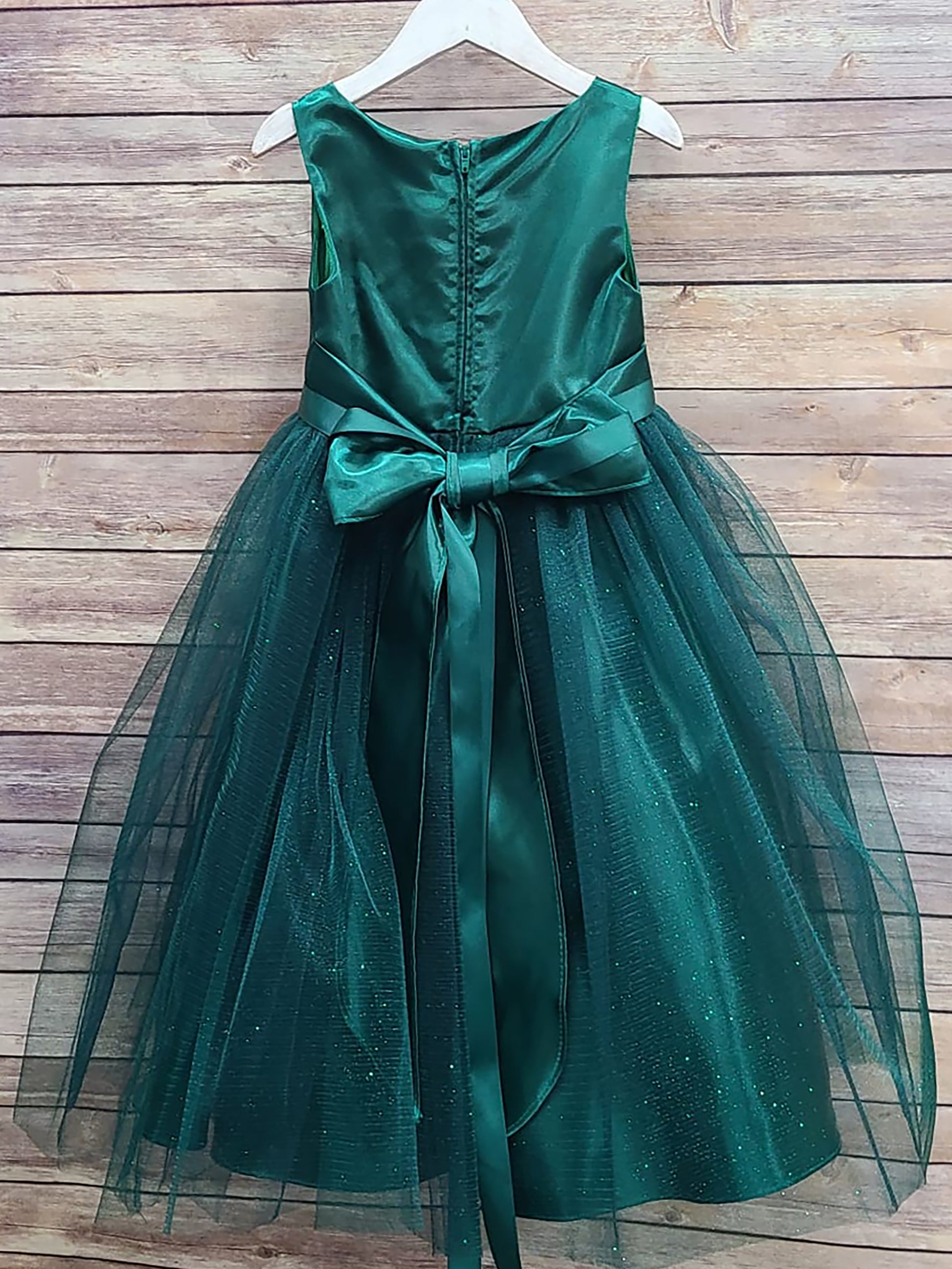 USA Made | Hunter Green Dull Satin and Tulle dress with beautiful pin-on bouquet satin sash Flower Girl dress - back view of dress on hanger