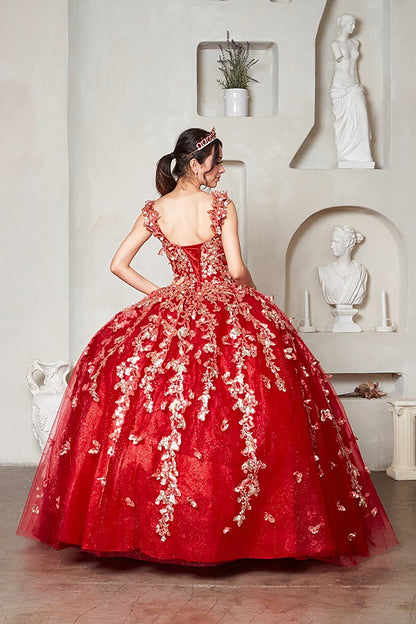 Quinceanera | Red Off-Shoulder Gown with 3D Floral Appliqués and Glitter Tulle | Soledad dress | 3 Colors Available back view