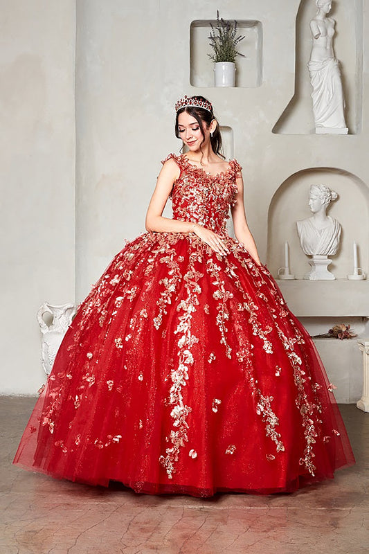 Quinceanera | Red Off-Shoulder Gown with 3D Floral Appliqués and Glitter Tulle | Soledad dress | 3 Colors Available