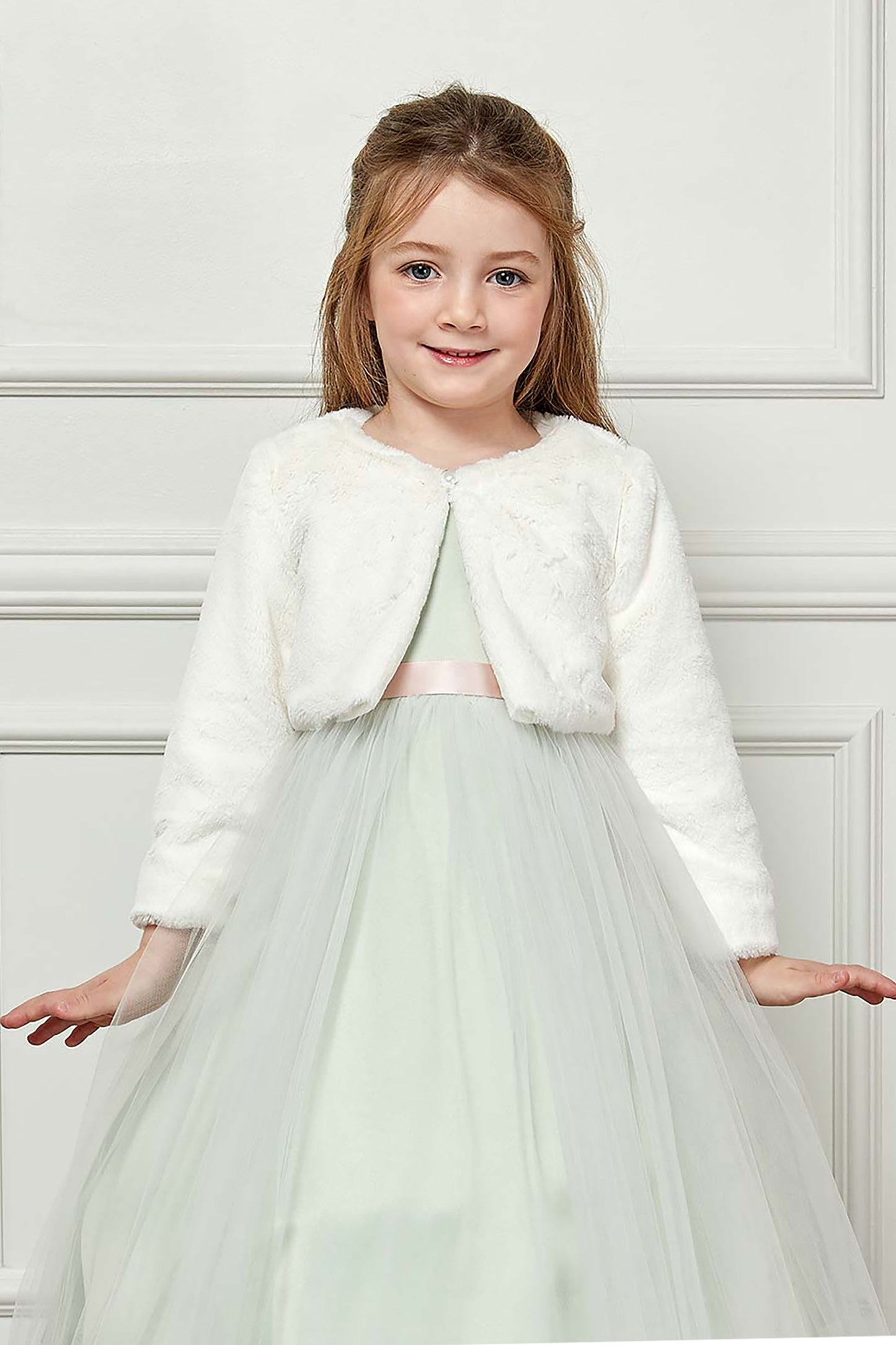 White Sweet Glamorous Soft Faux Fur Flower Girl Jacket - front view of girl wearing jacket