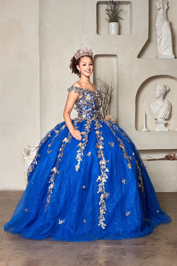 Quinceanera | Blue Off-Shoulder Gown with 3D Floral Appliqués and Glitter Tulle | Soledad dress | 3 Colors Available