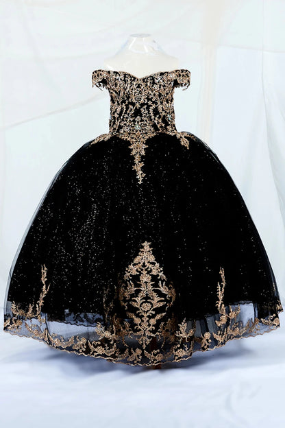 Black kid ball gown mini quince dress with gold embroidery and shiny tulle on a white background