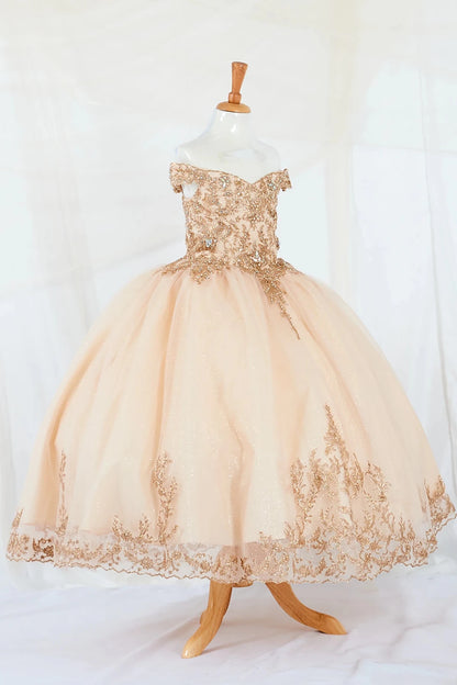 Gold- Beige off the shoulder kid lace ball gown dress on a mannequin against a white background