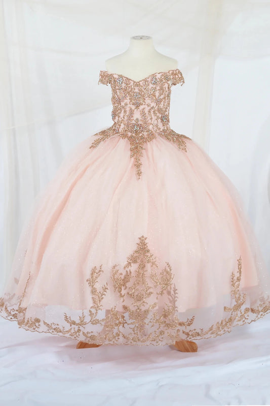 Pink off-shoulder mini quince dress with gold embroidery on a mannequin against a white background