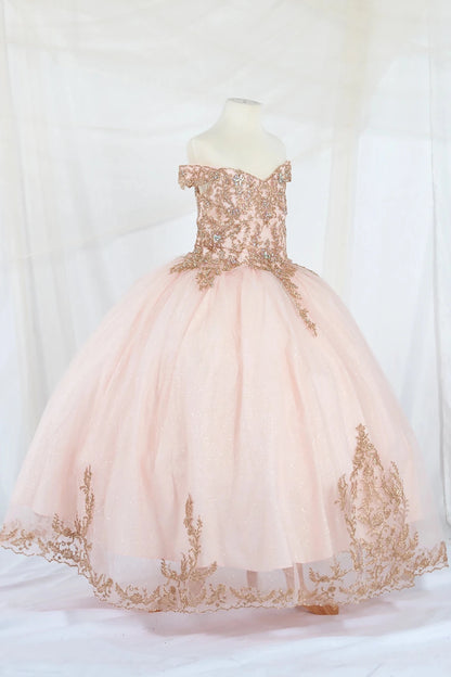 Pink off the shoulder kid ball gown mini quince dress with gold embroidery on a mannequin against a white background