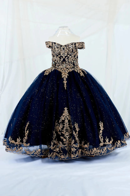 Navy blue off the shoulder kid mini quince dress with gold embroidery on a white background