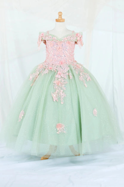 Front-facing display of an elegant sage and blush ball gown featuring a fitted bodice, detachable bow accent, and a glitter tulle layered skirt.