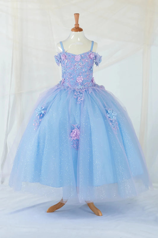 Front-facing display of an elegant light blue and lilac ball gown featuring a 3D floral corset bodice and a glitter tulle layered skirt.