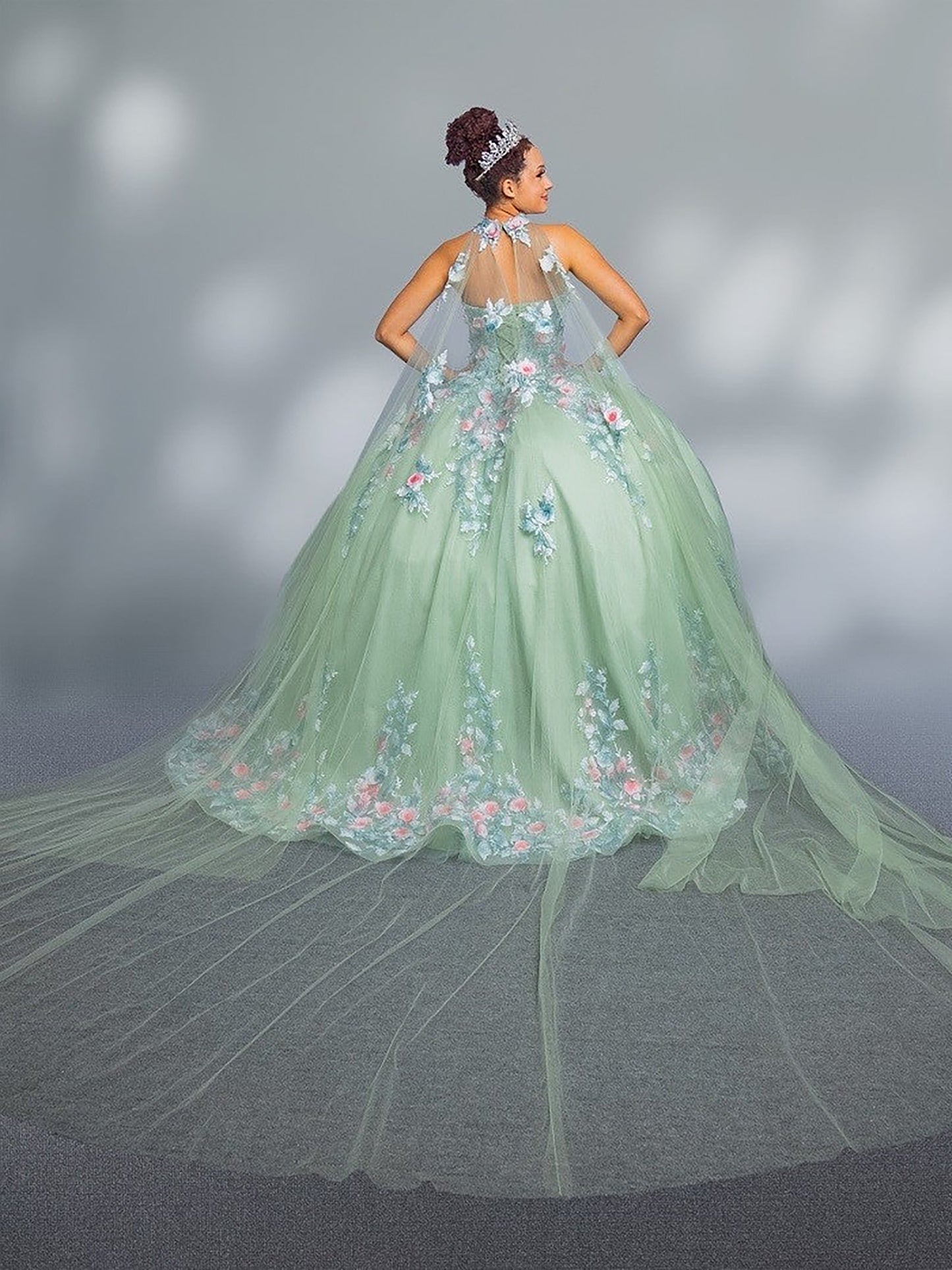 Quinceanera | Sage Two-Tone Floral Accents Strapless Quince Ball Gown with Removable Cape | Vanessa dress | 2 Colors Available back view