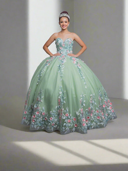 Quinceanera | Sage Two-Tone Floral Accents Strapless Quince Ball Gown with Removable Cape | Vanessa dress | 2 Colors Available