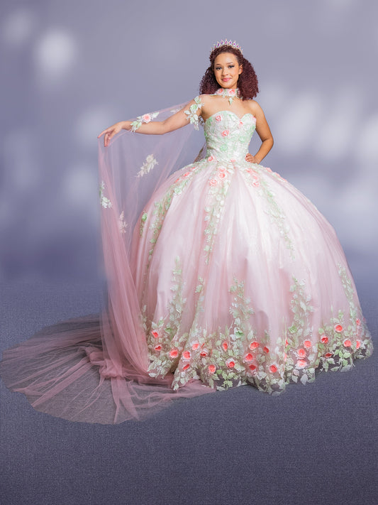 Quinceanera | Blush Two-Tone Floral Accents Strapless Quince Ball Gown with Removable Cape | Vanessa dress | 2 Colors Available