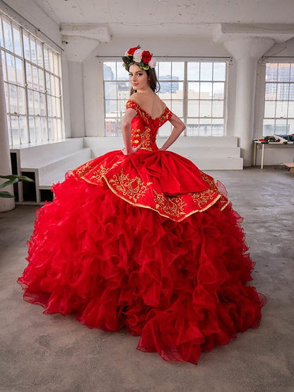 Quinceanera | red Strapless Ruffle Charra Dress with Beaded Embroidered Bodice | Vela dress | 4 Colors Available