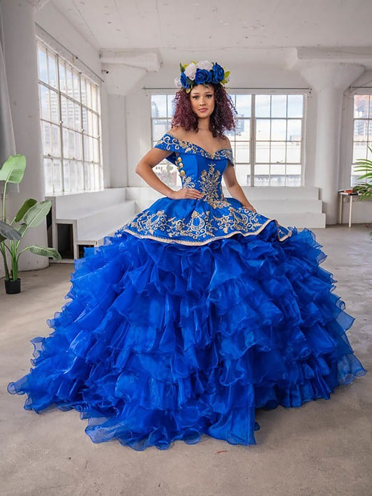 Quinceanera | Blue Strapless Ruffle Charro Dress with Beaded Embroidered Bodice | Vela dress | 4 Colors Available