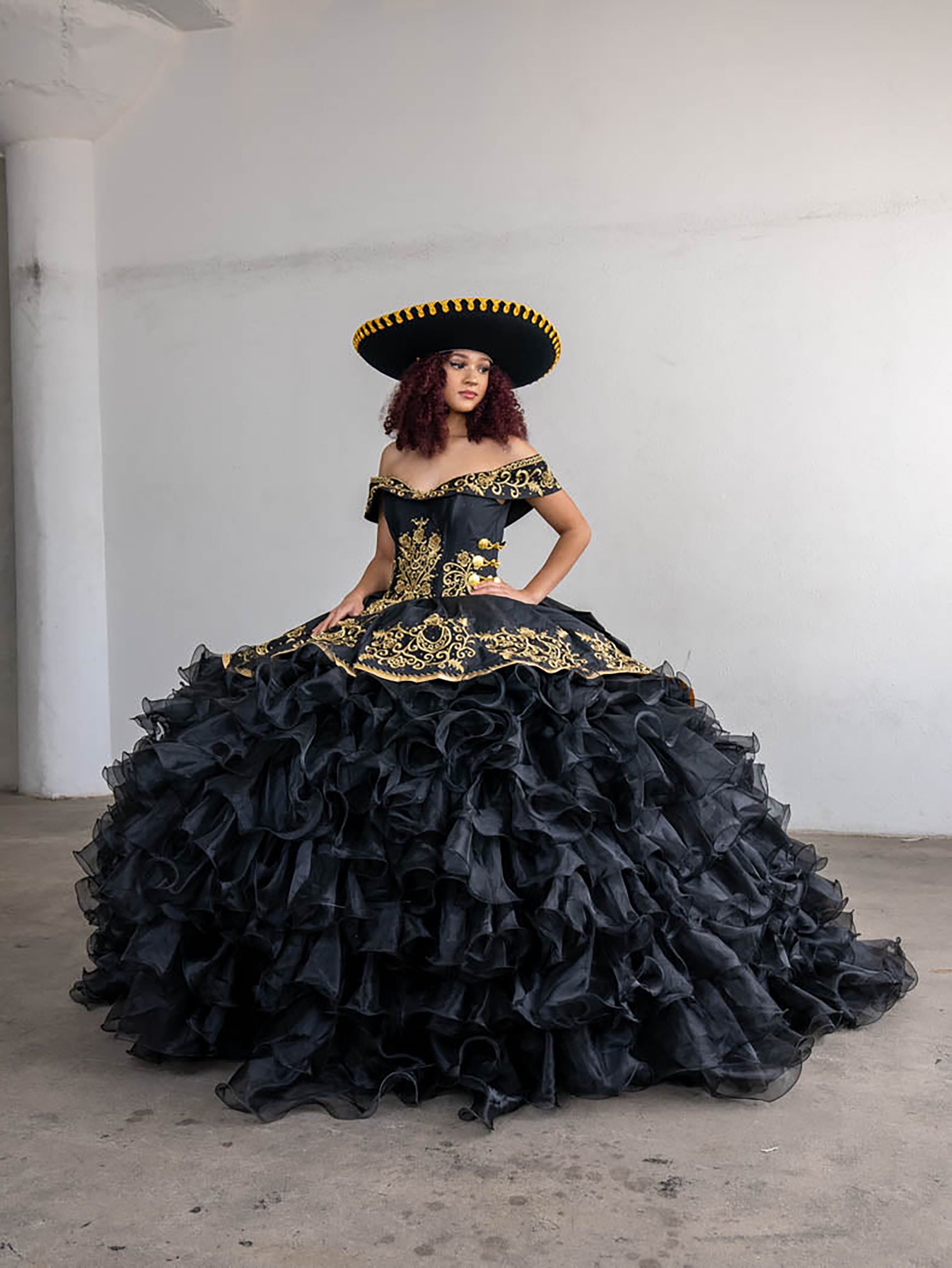 Quinceanera | Black Strapless Ruffle Charra Dress with Beaded Embroidered Bodice | Vela dress | 4 Colors Available