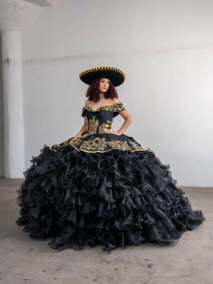 Quinceanera | Black Strapless Ruffle Charra Dress with Beaded Embroidered Bodice | Vela dress | 4 Colors Available