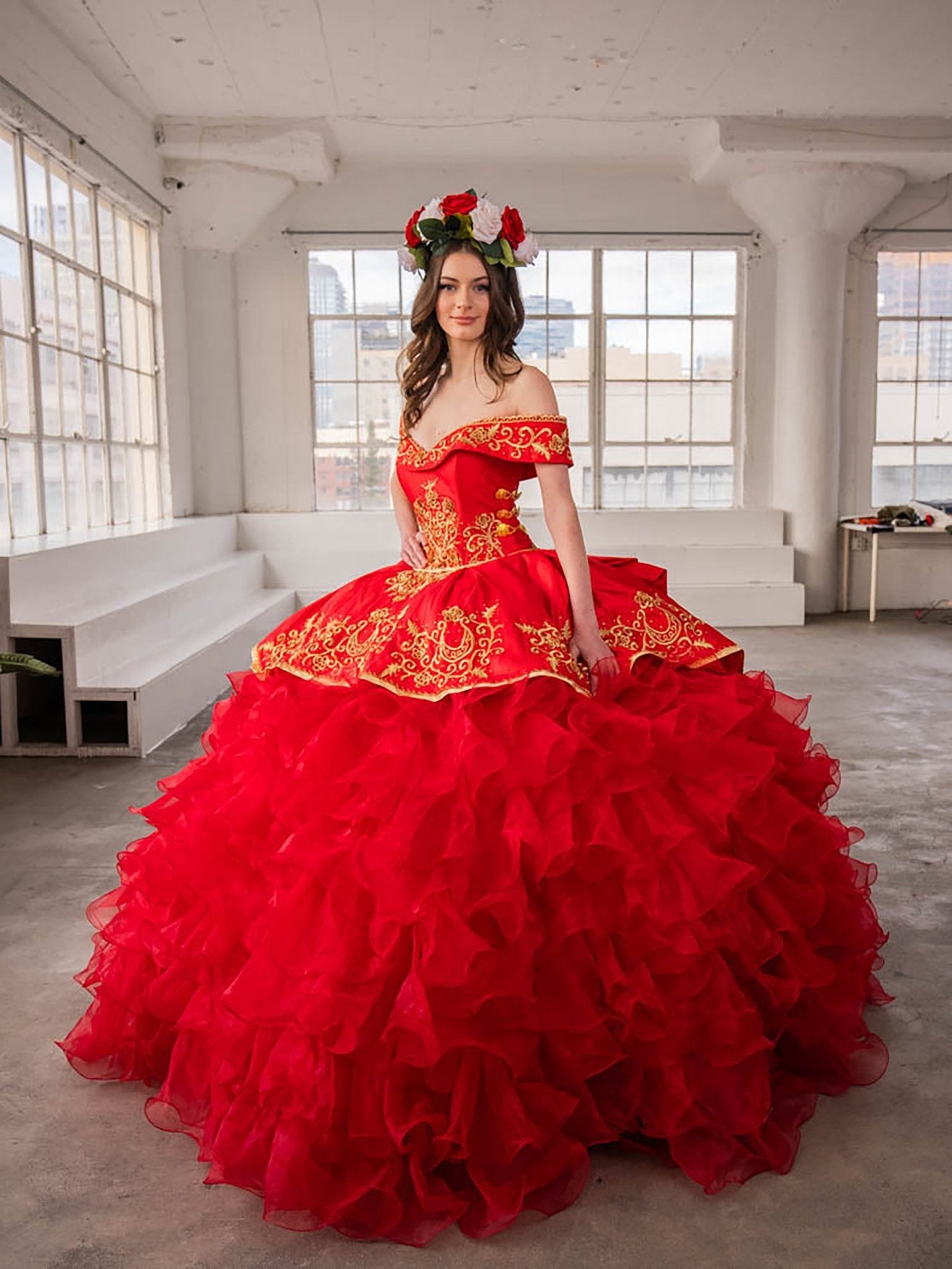 Red Quinceañera Ball Gown with Beaded Charra Bodice XL / Red Red Quinceañera Ball Gown with Beaded Charra Bodice XL / Red