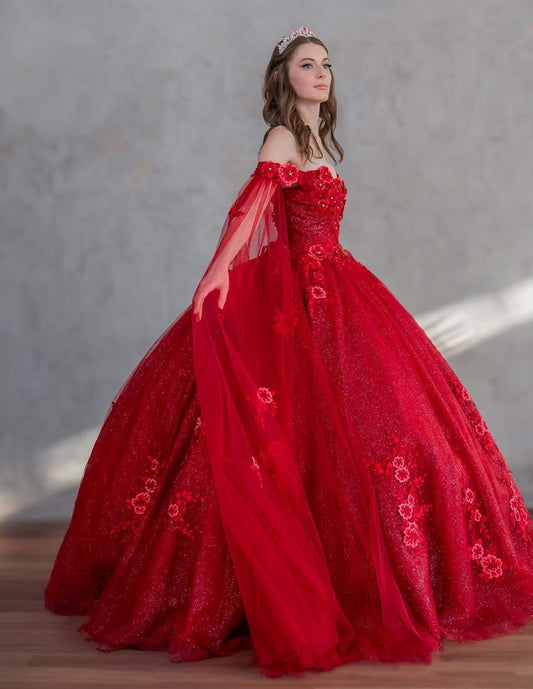 Quinceanera | Burgundy Off-Shoulder 3D Floral Appliqués, Detachable Cape, and Glitter Tulle Skirt Sweet 15 Ball Gown | Solana dress | 4 Colors Available