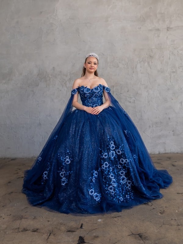 Quinceanera | Navy Off-Shoulder 3D Floral Appliqués, Detachable Cape, and Glitter Tulle Skirt Sweet 15 Ball Gown | Solana dress | 4 Colors Available