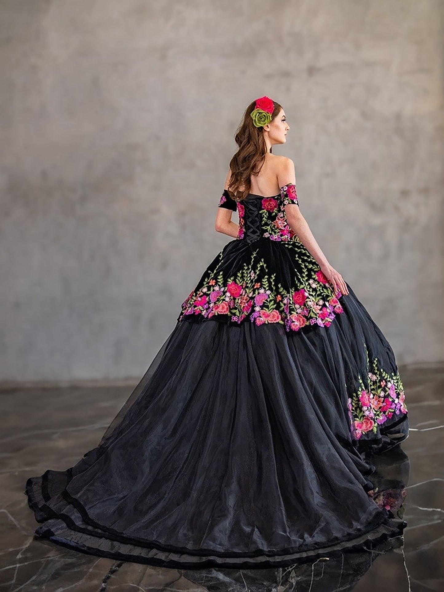 Quinceanera | Black Velvet Charra Dress with Off-Shoulder Floral Embroidered Bodice | Ventura dress back view