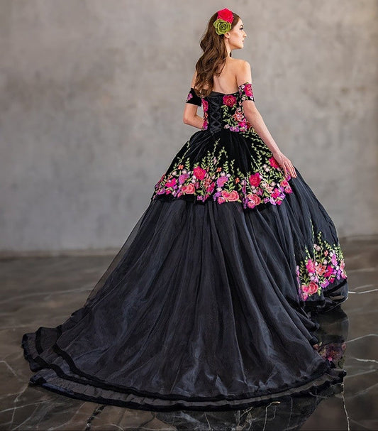 Quinceanera | Black Velvet Charra Dress with Off-Shoulder Floral Embroidered Bodice | Ventura dress back view