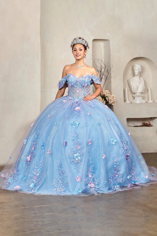 Girl in a light blue ball gown with lilac floral embellishments and off the shoulder 