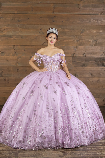 Dusty Lavender quinceanera dress with 3D butterfly off-shoulder design and sweetheart neckline
