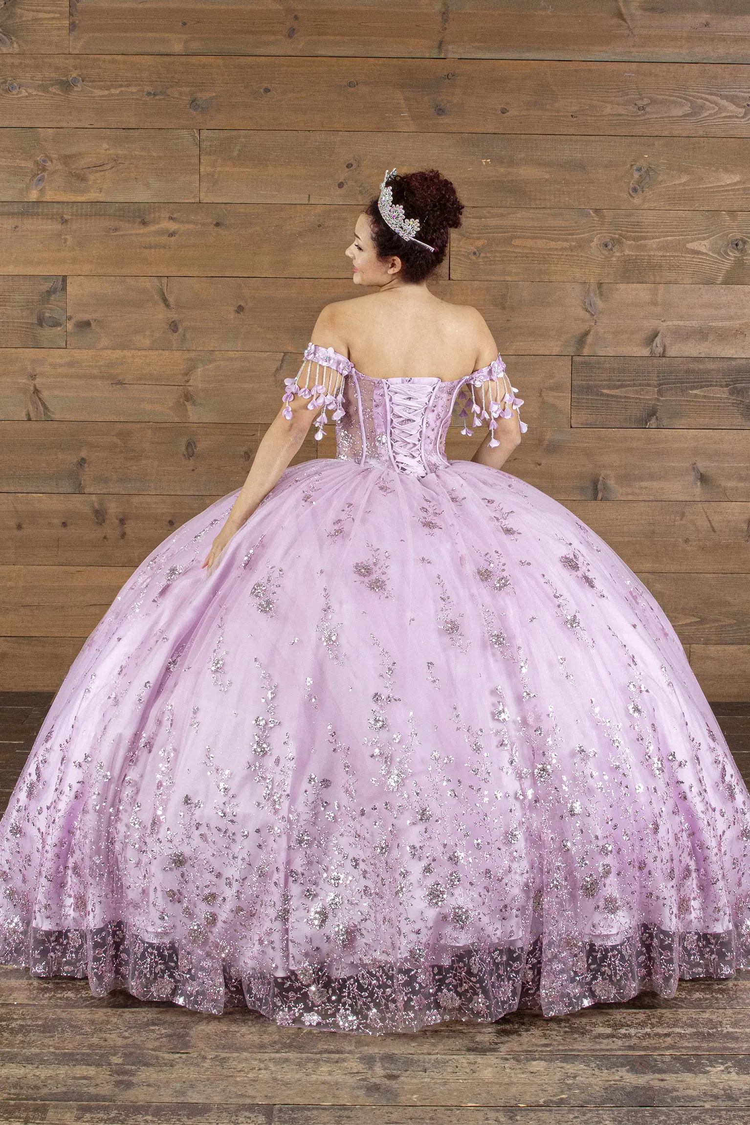 Dusty Lavender quinceanera dress with lace-up corset back, 3D butterfly appliques, and layered tulle skirt