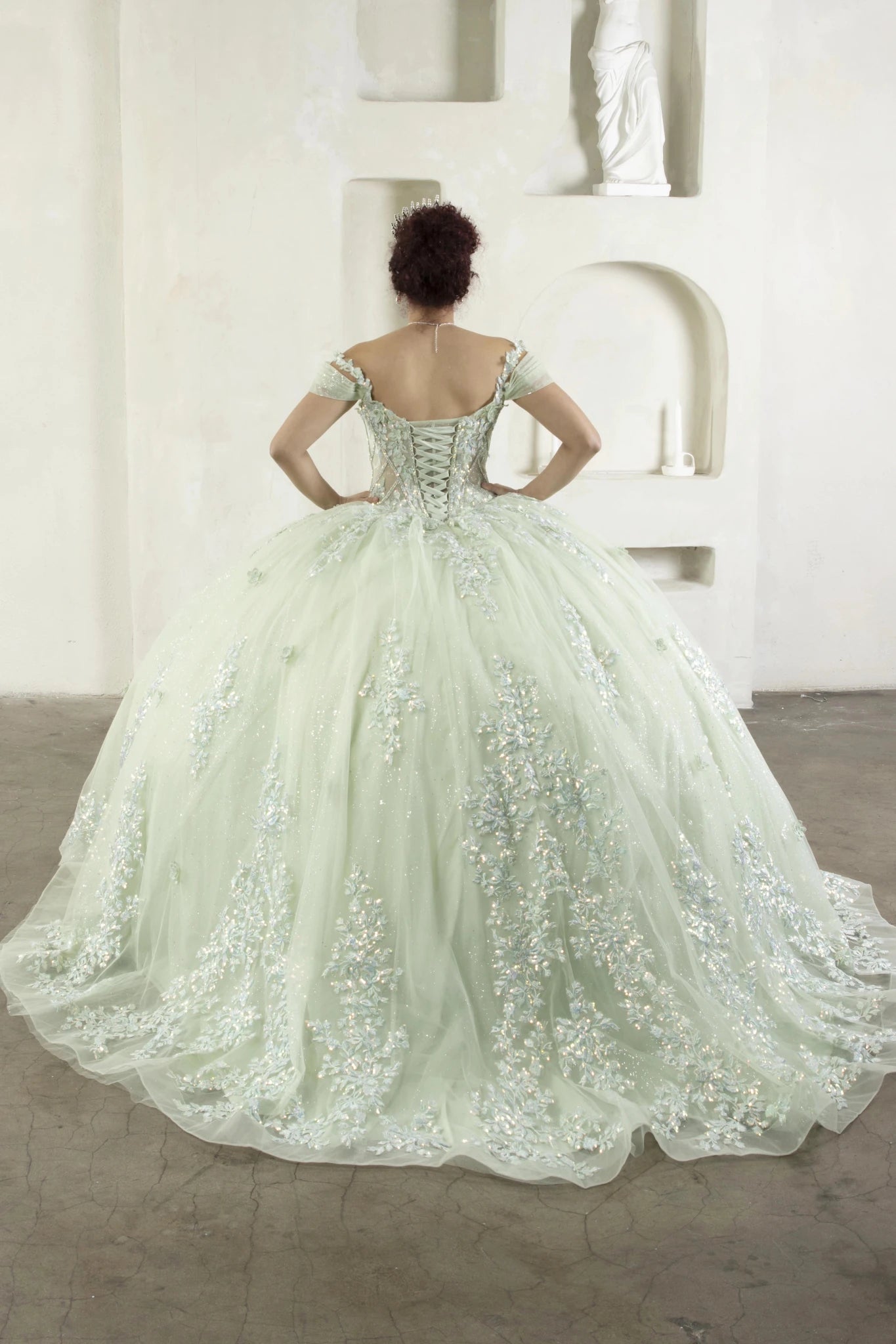 back of the sage quince dress showing the lace up back and embroidered 3D appliques long train 