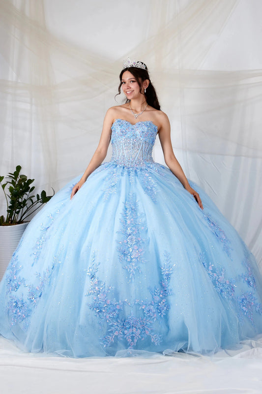 Front-Facing of a woman wearing Light blue strapless ball gown with sweetheart neckline beaded bodice floral appliqués and glitter tulle skirt