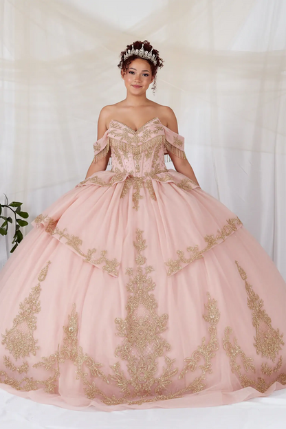 Blush quinceanera ball gown with off-shoulder neckline, gold embroidery, bead accents, and glitter tulle skirt